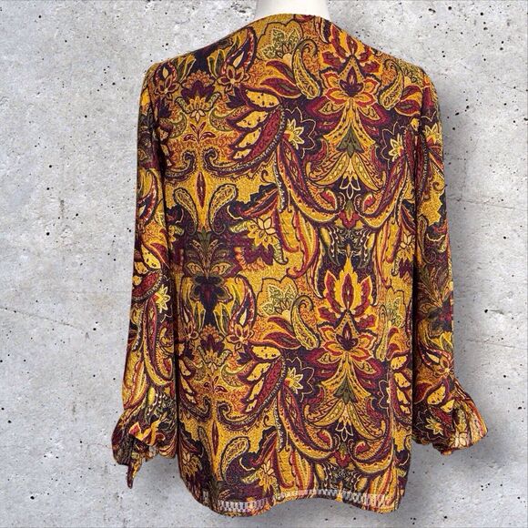 Vince Camuto Womens Paisley Top Mustard Yellow Beet Red Clip Dot Blouse Medium - Picture 5 of 13